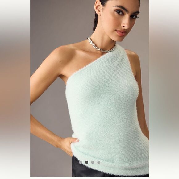 By Anthropologie One-Shoulder Eyelash Sweater Tank Sky Mint Green L NWT - Picture 3 of 13